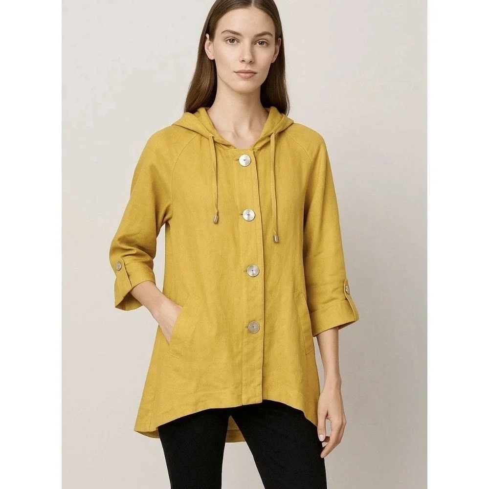 Jones & Co 100% Linen Jacket Poncho Hooded Button Front Swing Lagenlook‎ Sz M